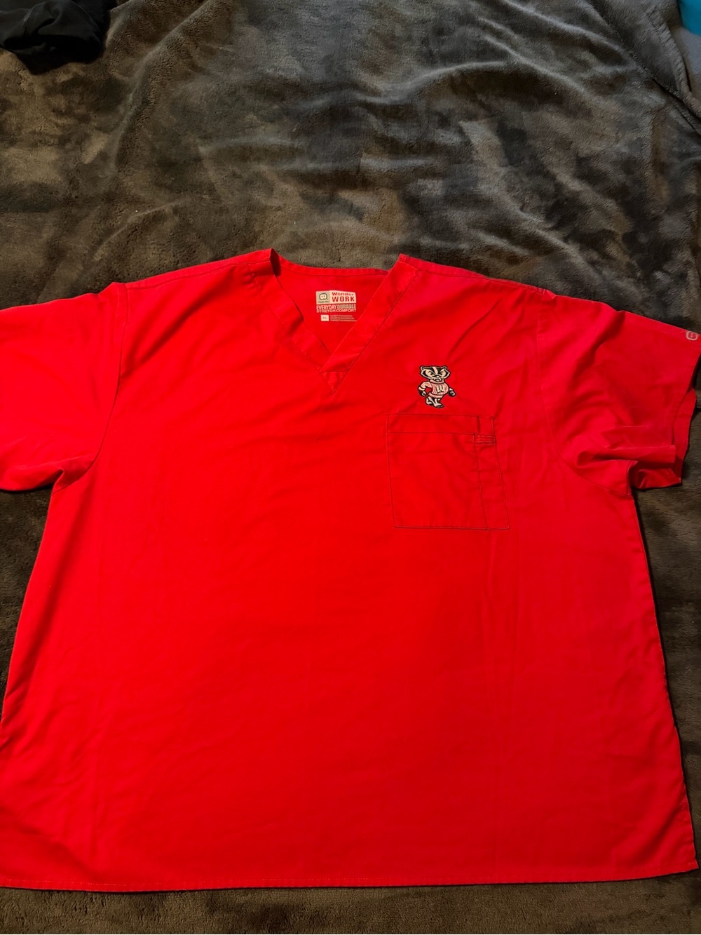 Red Men's V-Neck Scrub Top Wisconsin Badgers